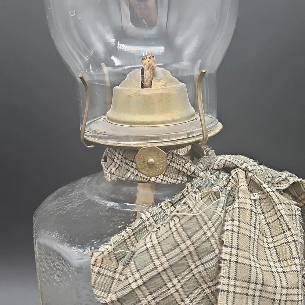 VTG Glass Oil Lamp with Tan Ribbon